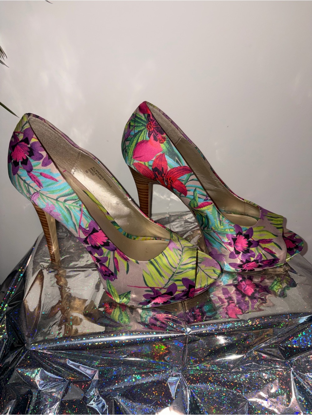 Diba Floral Peep-Toe Heels in Pink & Green